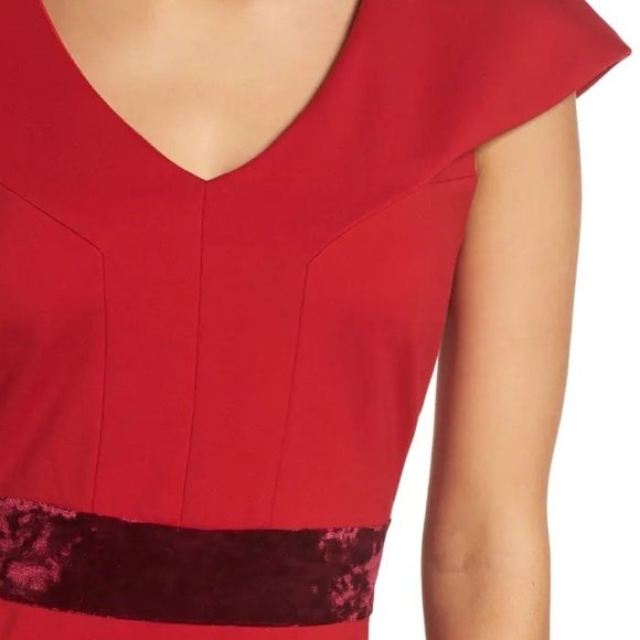 Taylor(Dillards) Perfect ❤️ Dress Velvet Trim Crepe Sheath Dress in Scarlet RED - Picture 2 of 8